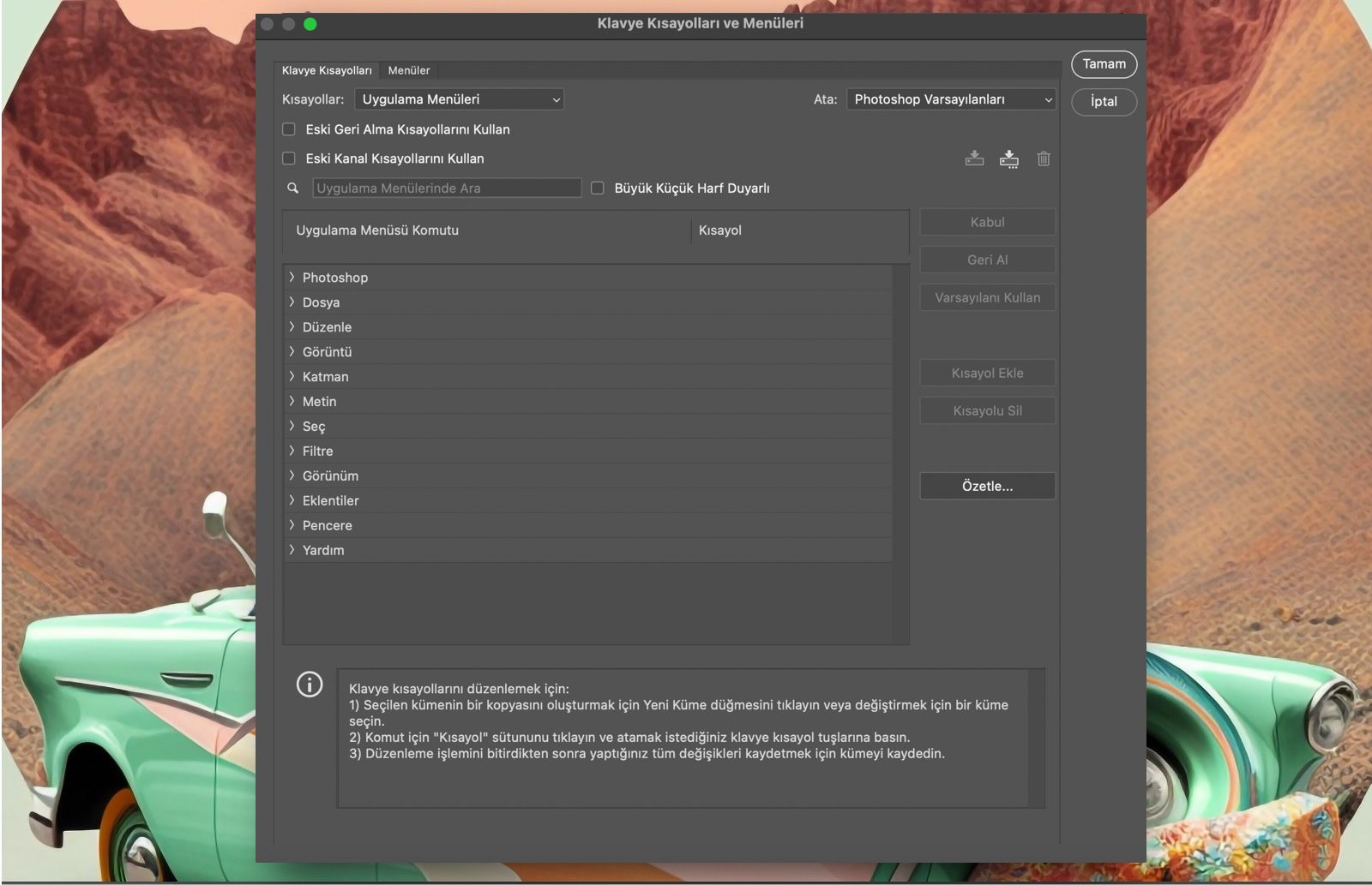 Klavye Kısayolları ve Menüler iletişim kutusunu gösteren bir Photoshop örnek dosyası.