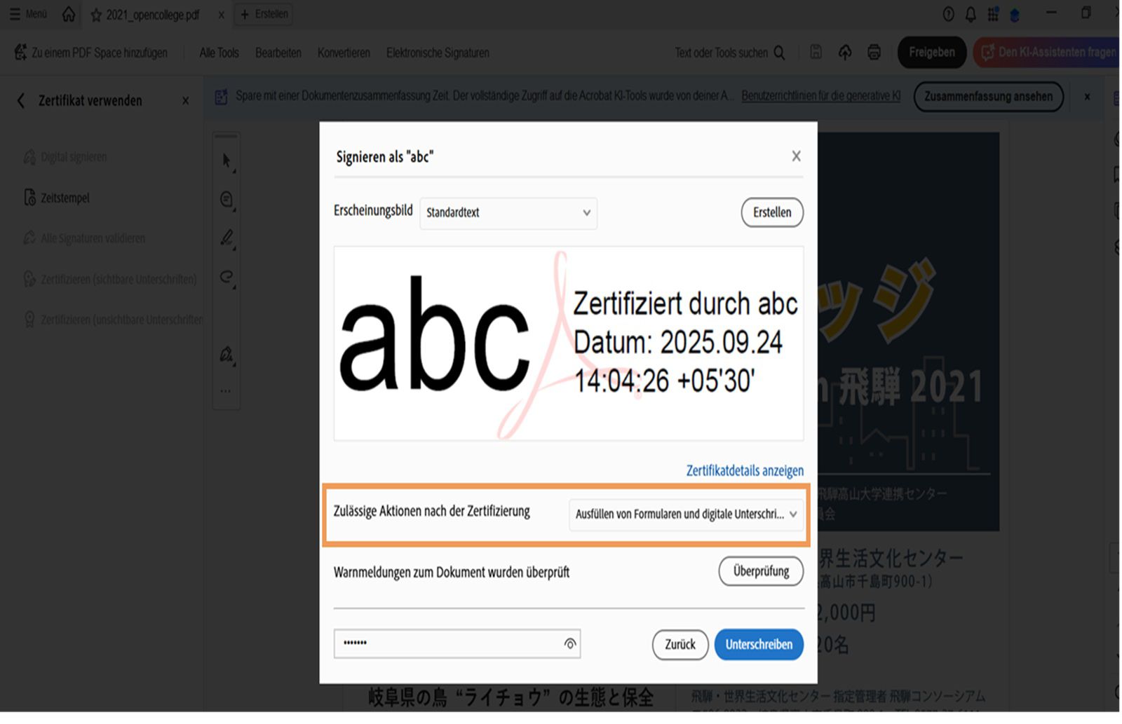 Ein Dialogfeld zur Zertifizierungssignatur in Acrobat, das ein ausgewähltes Erscheinungsbild der digitalen Signatur und Optionen zum Festlegen zulässiger Aktionen nach der Zertifizierung zeigt.