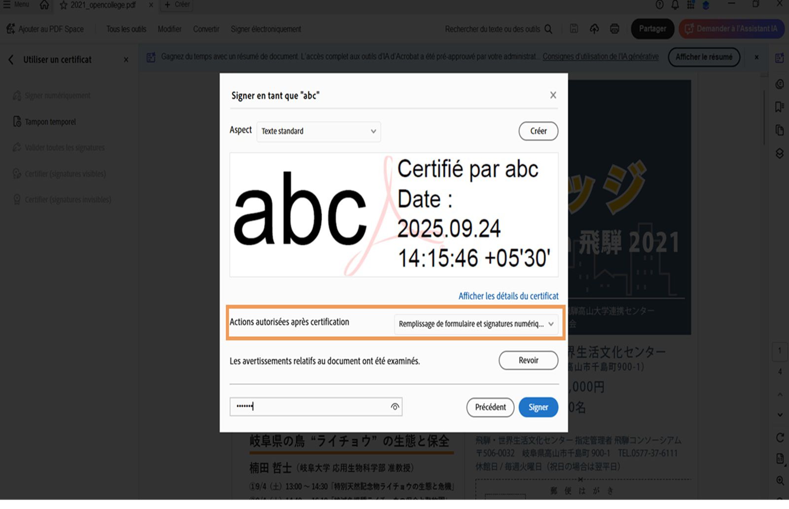 Boîte de dialogue de signature de certification dans Acrobat. Un aspect de signature numérique y est sélectionné. Elle comporte également des options permettant de définir les actions autorisées après la certification.