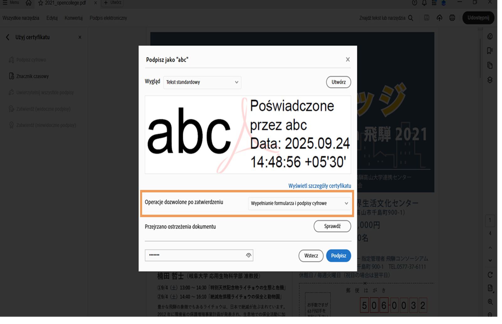 Okno dialogowe podpisywania certyfikatu w programie Acrobat, pokazujące wybrany wygląd podpisu cyfrowego i opcje ustawiania dozwolonych operacji po certyfikacji.