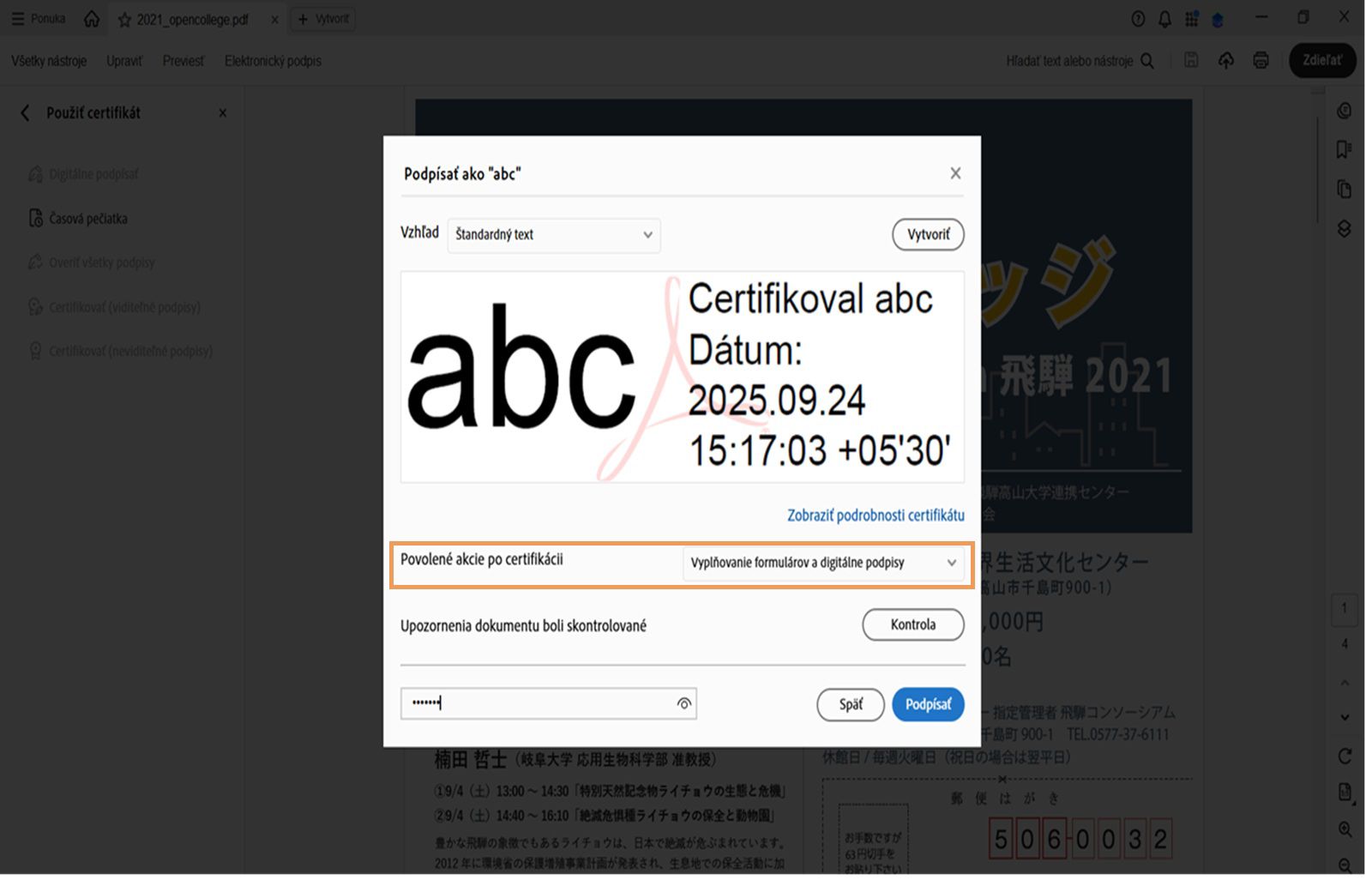 &quot;Dialógové okno certifikačného podpisu v programe Acrobat zobrazujúce vybraný vzhľad digitálneho podpisu a možnosti nastavenia povolených akcií po certifikácii.