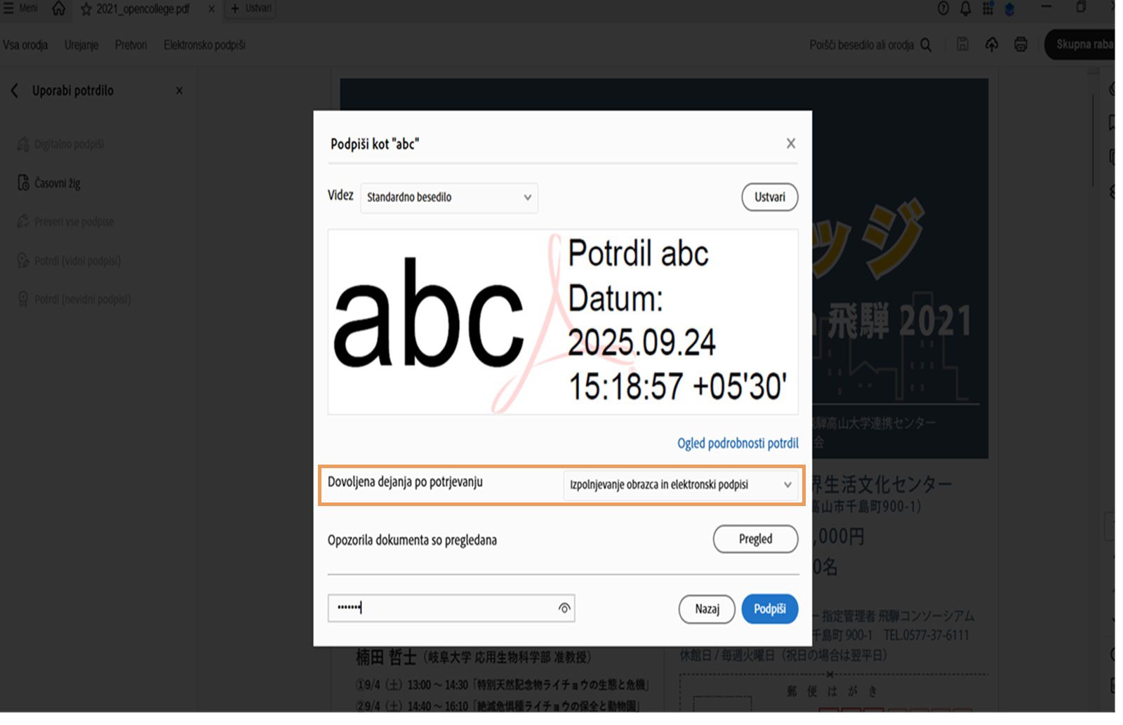 Pogovorno okno za podpisovanje s potrdilom v programu Acrobat, ki prikazuje izbran videz digitalnega podpisa in možnosti za nastavitev dovoljenih dejanj po potrditvi.