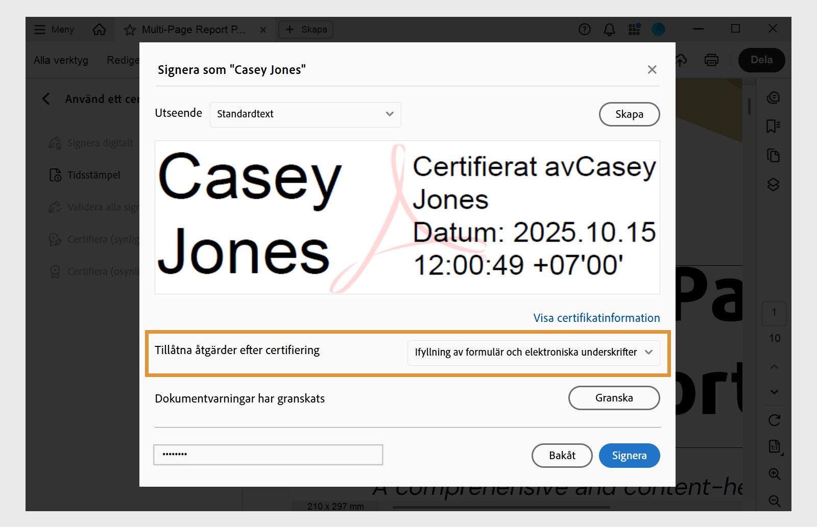 En dialogruta om certifieringssignering i Acrobat, som visar ett valt utseende för digital signatur och alternativ för att ställa in tillåtna åtgärder efter certifiering.
