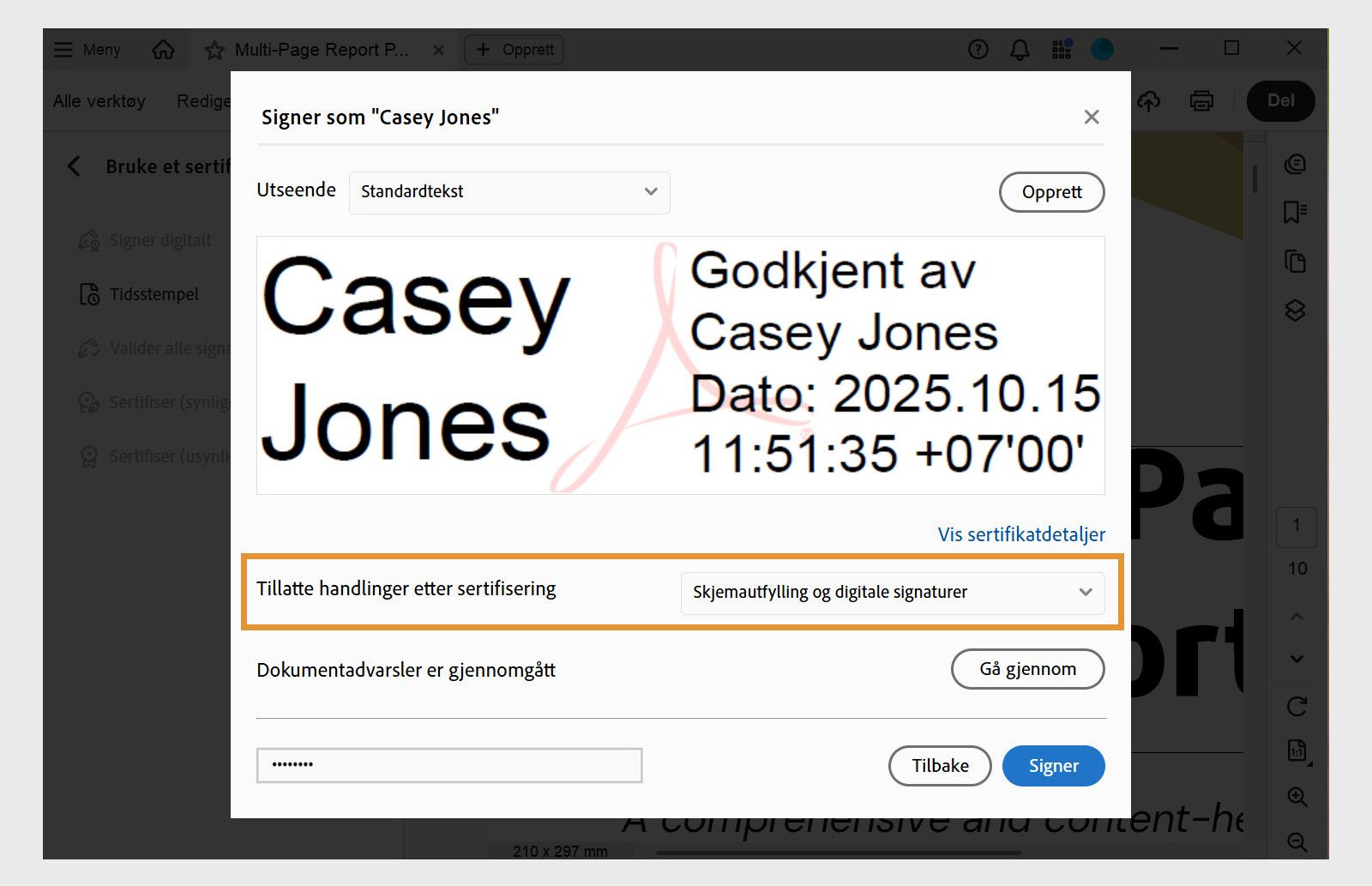 En sertifiseringssigneringsdialog i Acrobat, som viser et valgt digitalt signaturutseende og alternativer for å angi tillatte handlinger etter sertifisering.