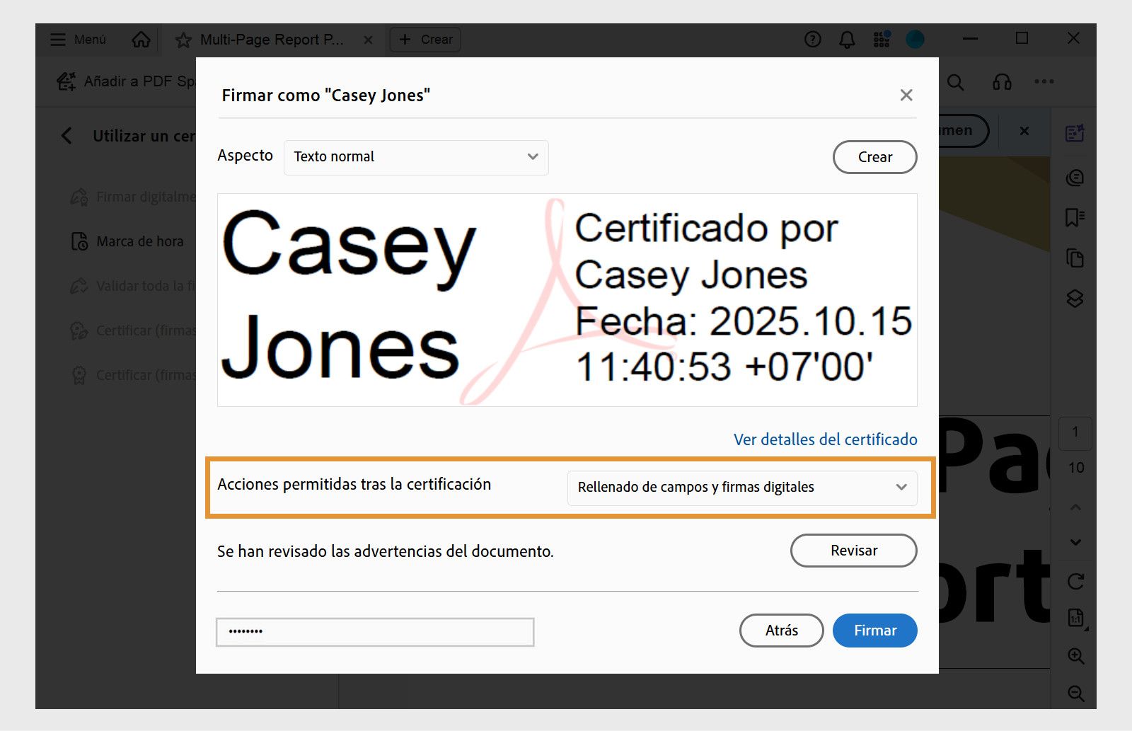 Un cuadro de diálogo de firma de certificación en Acrobat, que muestra una apariencia de firma digital seleccionada y opciones para establecer las acciones permitidas después de la certificación.
