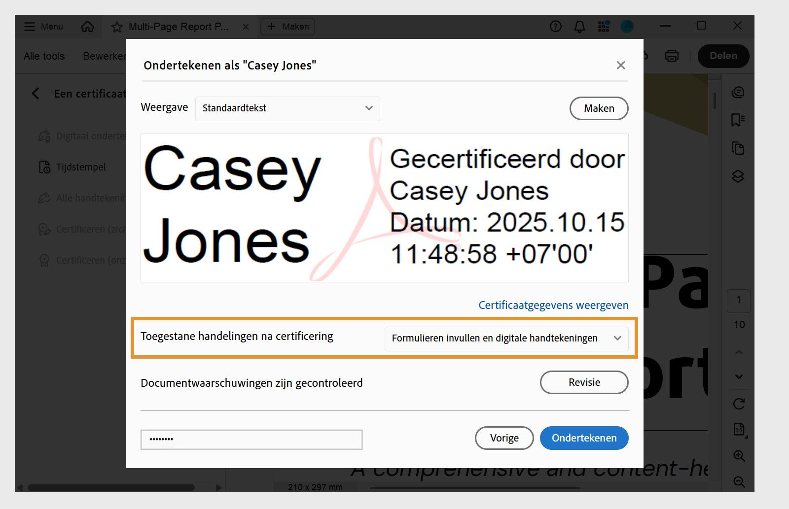 Een dialoogvenster voor het ondertekenen van een certificering in Acrobat, met een geselecteerde weergave van de digitale handtekening en opties om toegestane acties in te stellen na certificering.