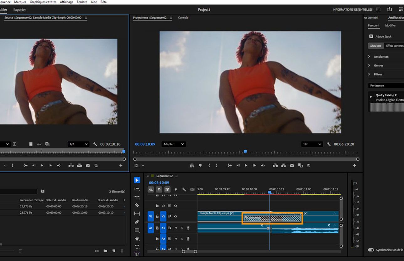 Un clip dans le montage est sélectionné et peut être glissé pour le repositionner, en déplaçant à la fois les découpes et les transitions avec lui.