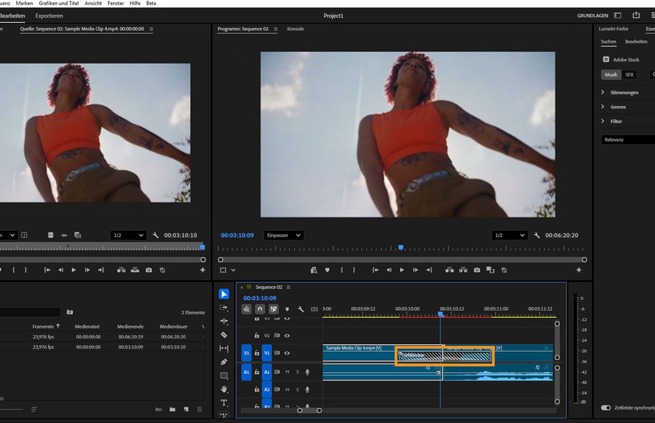 Ein Clip ist im Schnittfenster ausgewählt und kann zur Neupositionierung gezogen werden, wobei sich sowohl die Schnitte als auch die Überblendungen mitbewegen.