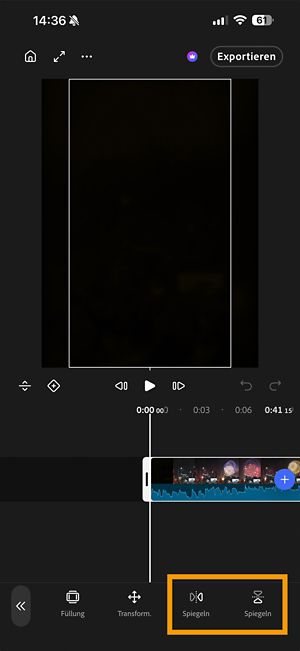 Ein Clip auf der Timeline mit den hervorgehobenen Schaltflächen Spiegeln und Umkehren in der Symbolleiste.