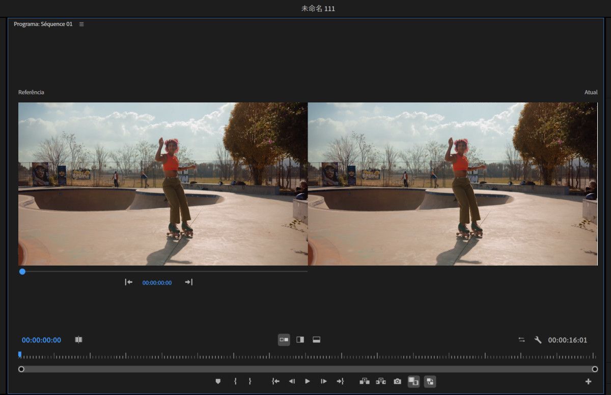 Uma visualização de comparação está aberta, apresentando dois painéis: Referência e Atual, permitindo que você compare suas edições enquanto trabalha.