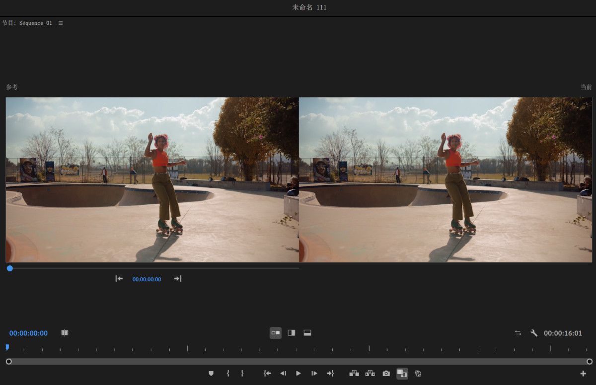 已打开比较视图，其中包含“参考”和“当前”两个窗格，让您在工作时可以比较编辑效果。