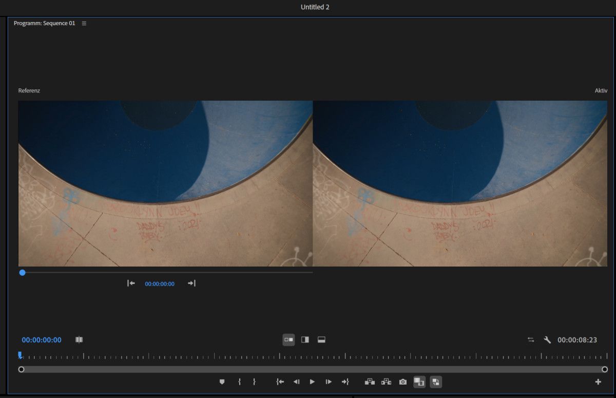 Eine Vergleichsansicht ist geöffnet, die zwei Bereiche zeigt: „Referenz“ und „Aktiv“, sodass du deine Bearbeitungen während der Arbeit vergleichen kannst.