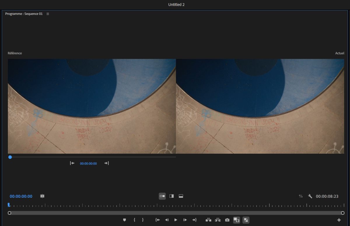 Une vue de comparaison est ouverte, présentant deux volets, Référence et Actuelle, vous permettant de comparer vos modifications pendant que vous travaillez.