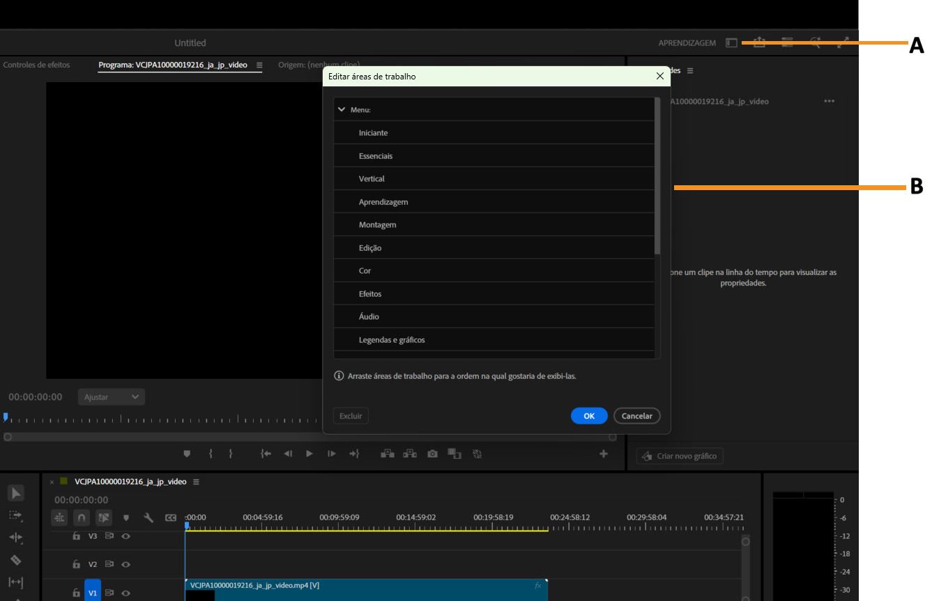 Interface do Premiere Pro mostrando a janela Editar espaços de trabalho com nomes de espaços de trabalho e opções de visibilidade.