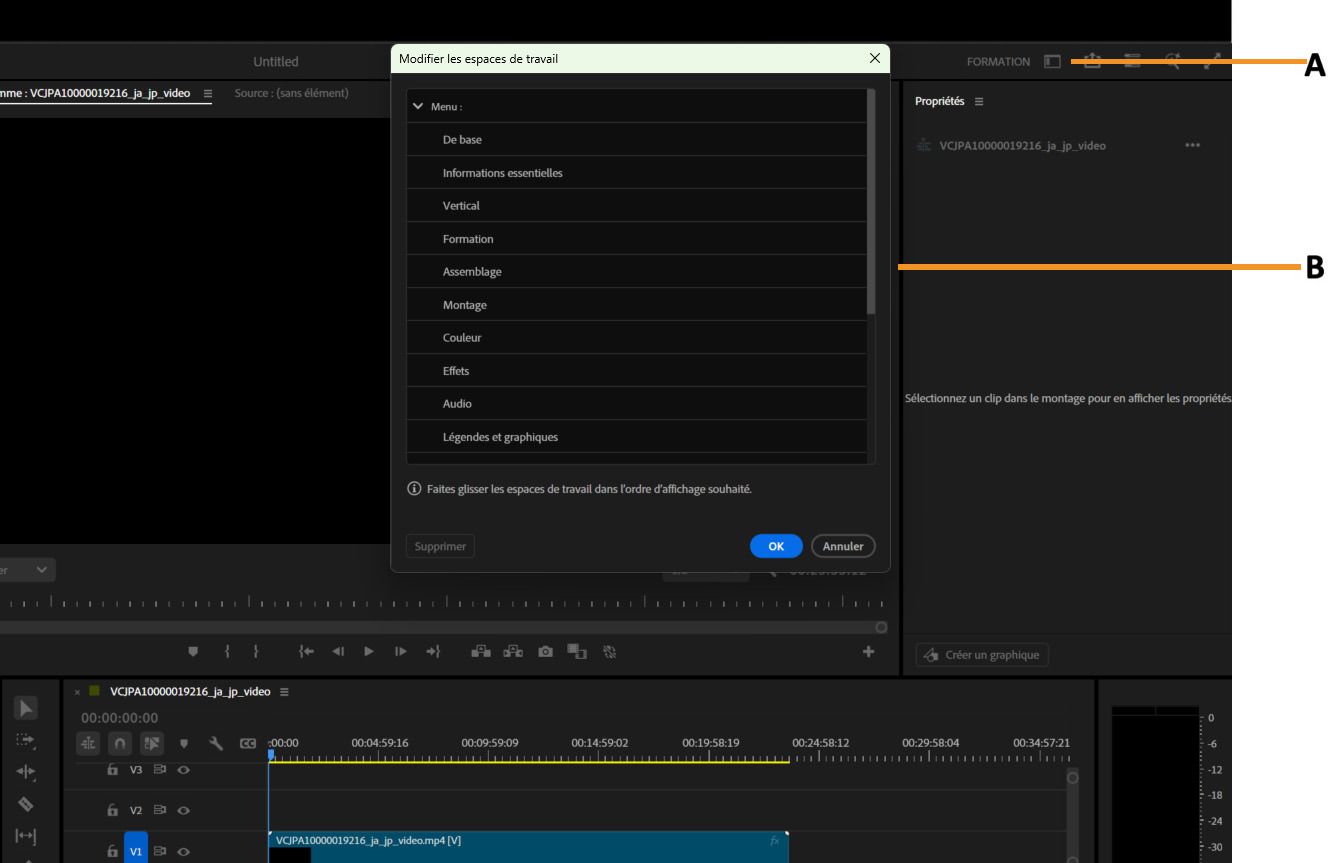 Interface de Premiere Pro montrant la fenêtre Modifier les espaces de travail avec les noms des espaces de travail et les options de visibilité.
