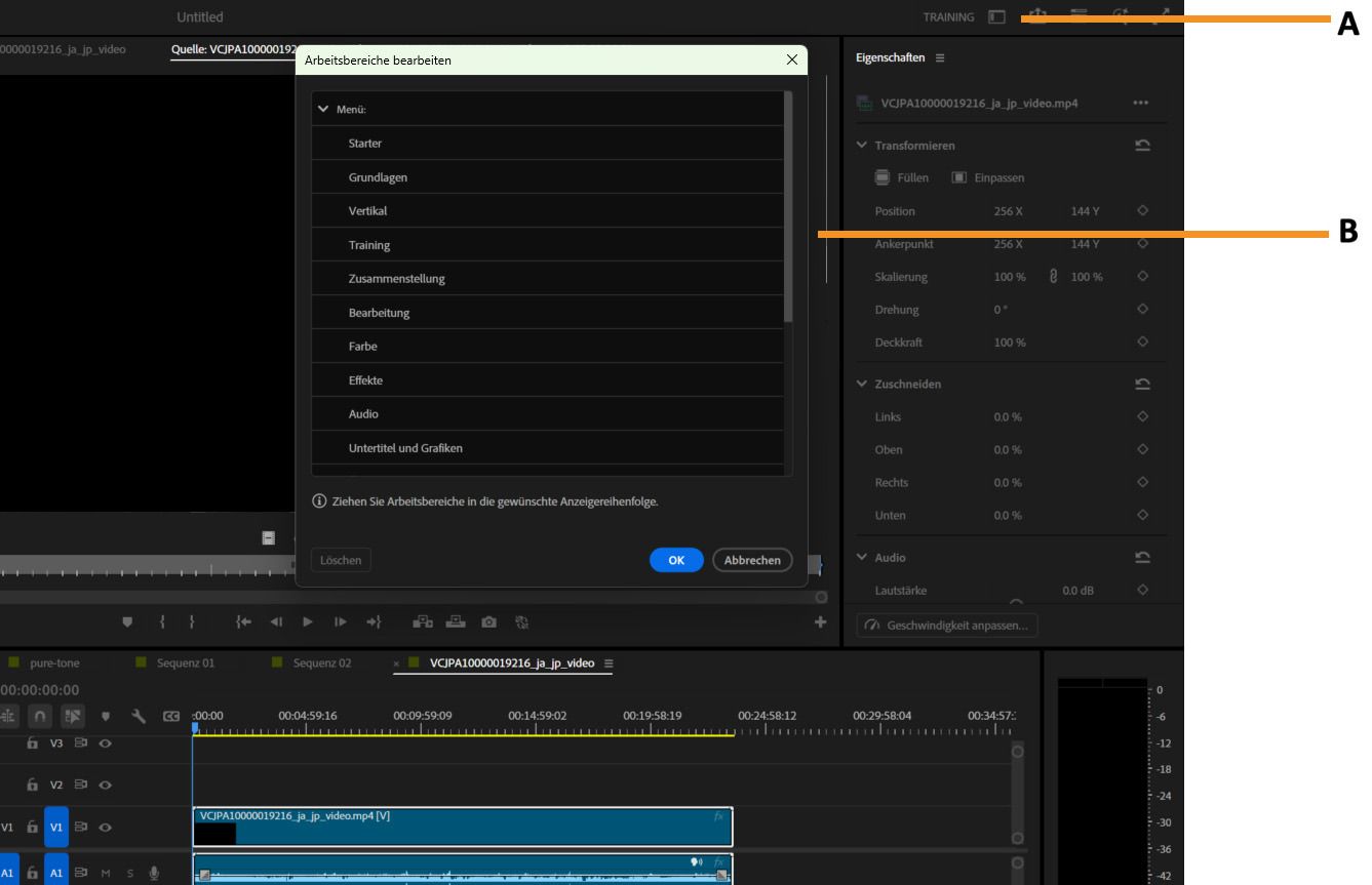 Die Oberfläche von Premiere Pro mit dem Fenster „Arbeitsbereiche bearbeiten“ mit Arbeitsbereichsnamen und Sichtbarkeitsoptionen.