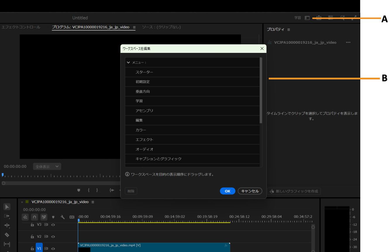 Premiere Pro 界面显示“编辑工作区”窗口，其中包含工作区名称和可见性选项。
