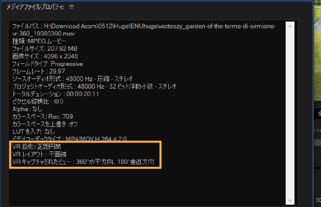 ダイアログボックスが開き、選択したクリップの VR プロパティが表示されます。VR プロパティには、ファイルタイプ、サイズ、フレームレート、カラースペースなどが含まれます。
