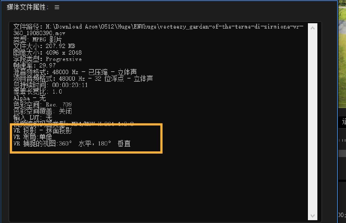 此时会打开一个对话框，显示所选剪辑的 VR 属性。VR 属性包括文件类型、大小、帧速率、色彩空间等。