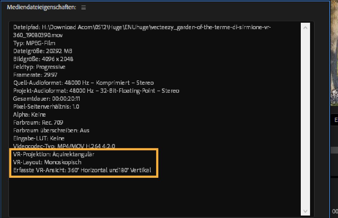 Ein Dialogfeld ist geöffnet und zeigt die VR-Eigenschaften des ausgewählten Clips an.Zu den VR-Eigenschaften gehören Dateityp, Größe, Frame-Rate, Farbraum und mehr.