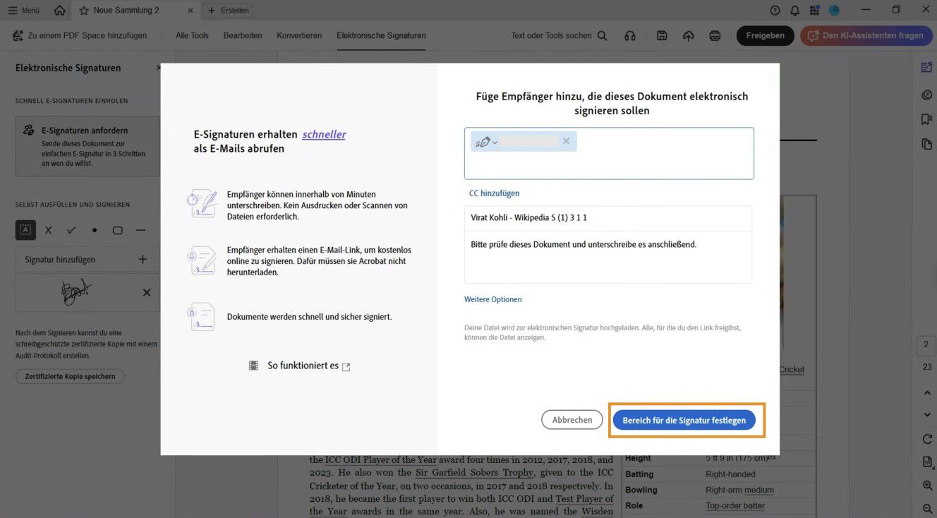 Ein Dialogfeld zeigt Felder zum Hinzufügen von Empfängern, den Namen der Vereinbarung und eine optionale Nachricht zusammen mit den folgenden Optionen: Cc hinzufügen, Weitere Optionen und Angabe, wo zu unterschreiben ist.