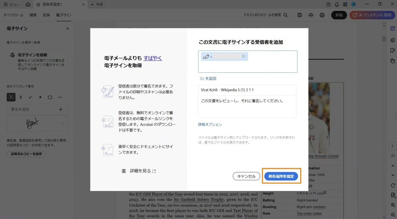 ダイアログボックスには、受信者、契約書名、オプションのメッセージを追加するフィールドと共に、CC の追加、その他のオプション、署名場所の指定を行うオプションも表示されます。