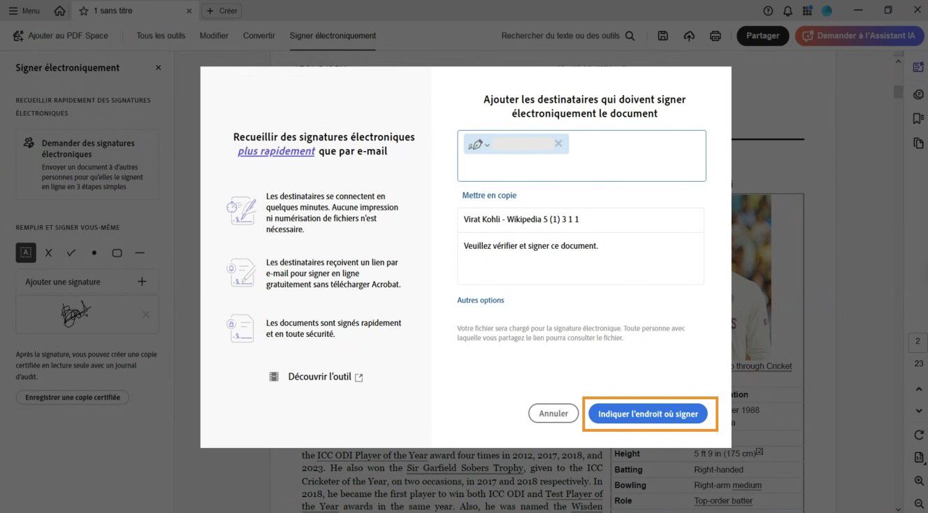 Une boîte de dialogue présente des champs qui permettent d’ajouter des destinataires, le nom de l’accord et un message facultatif, ainsi que les options suivantes : Mettre en copie, Autres options et Indiquer l’endroit où signer.