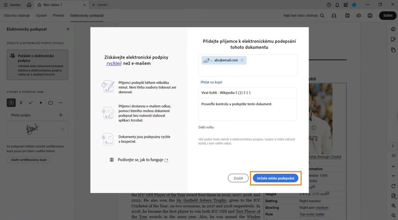 Dialogové okno zobrazuje pole pro přidání příjemců, název smlouvy a volitelnou zprávu spolu s následujícími možnostmi: Přidat kopii, Další možnosti a Určit, kde podepsat.