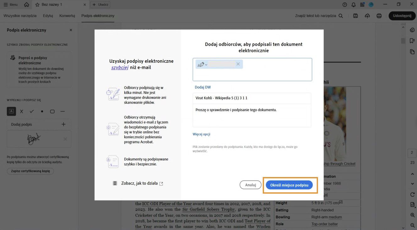Okno dialogowe wyświetla pola do dodawania odbiorców, nazwy umowy i opcjonalnej wiadomości wraz z następującymi opcjami: Dodaj DW, Więcej opcji i Określ miejsce podpisu.