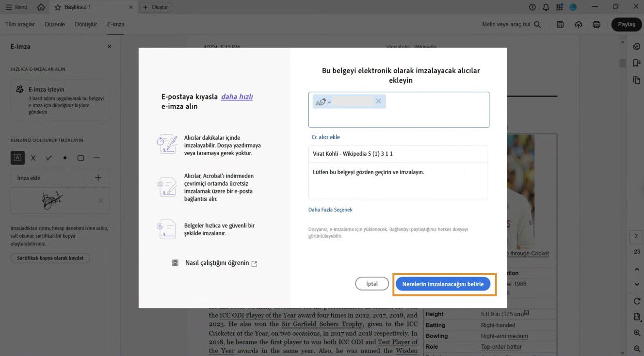 Bir iletişim kutusunda alıcı, sözleşme adı ve isteğe bağlı mesaj ekleme alanları ile birlikte şu seçenekler görüntülenir: Cc Ekle, Daha Fazla Seçenek ve İmzalanacak yeri belirle.