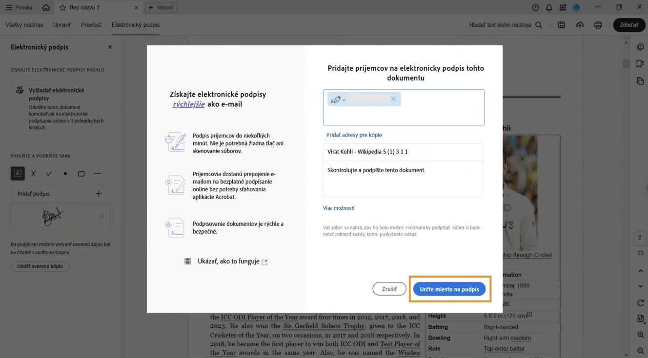 Dialógové okno zobrazuje polia na pridanie príjemcov, názov dohody a voliteľnú správu spolu s nasledujúcimi možnosťami: Pridať kópiu, Ďalšie možnosti a Určiť, kde podpísať.