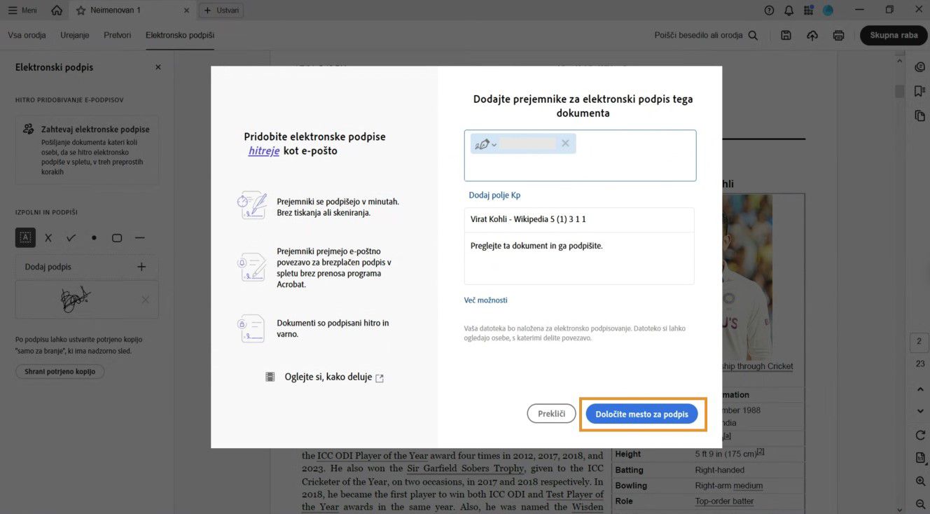 V pogovornem oknu so prikazana polja za dodajanje prejemnikov, ime sporazuma in neobvezno sporočilo skupaj z naslednjimi možnostmi: Dodaj Kp, Več možnosti in Določi, kje podpisati.