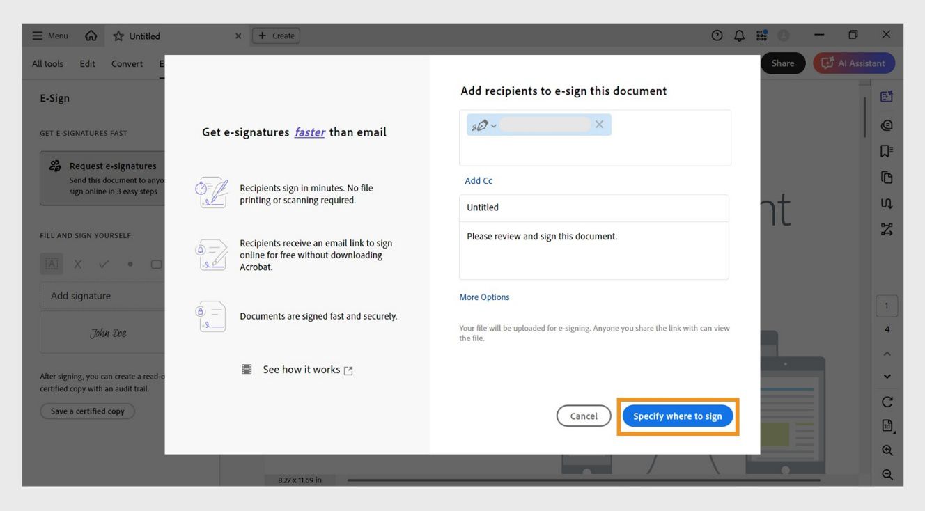 Näyttöön tulee valintaikkuna, jossa on kentät vastaanottajien lisäämiseen, sopimuksen nimeämiseen ja valinnaisen viestin kirjoittamiseen sekä seuraavat vaihtoehdot: Lisää kopio, Lisäasetukset ja Määritä allekirjoituskohta.