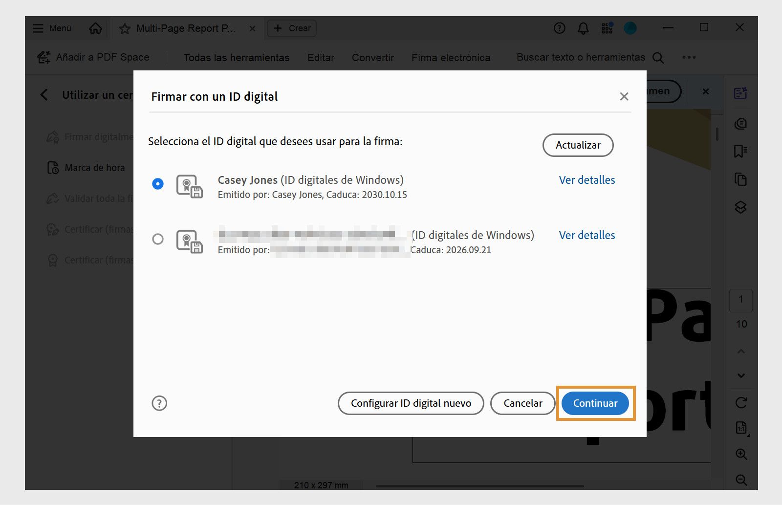 Un cuadro de diálogo en Acrobat que muestra los ID digitales disponibles para firmar. Se selecciona un ID digital y se resalta el botón &quot;Continuar&quot;.