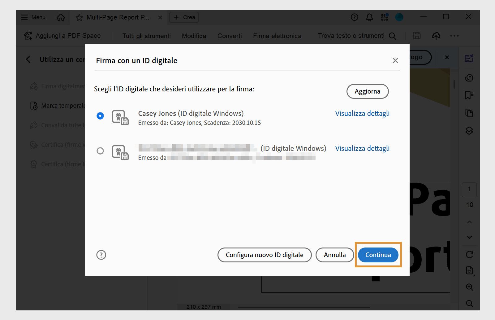 Una finestra di dialogo in Acrobat che mostra gli ID digitali disponibili per la firma. Un ID digitale è selezionato e il pulsante “Continua” è evidenziato.
