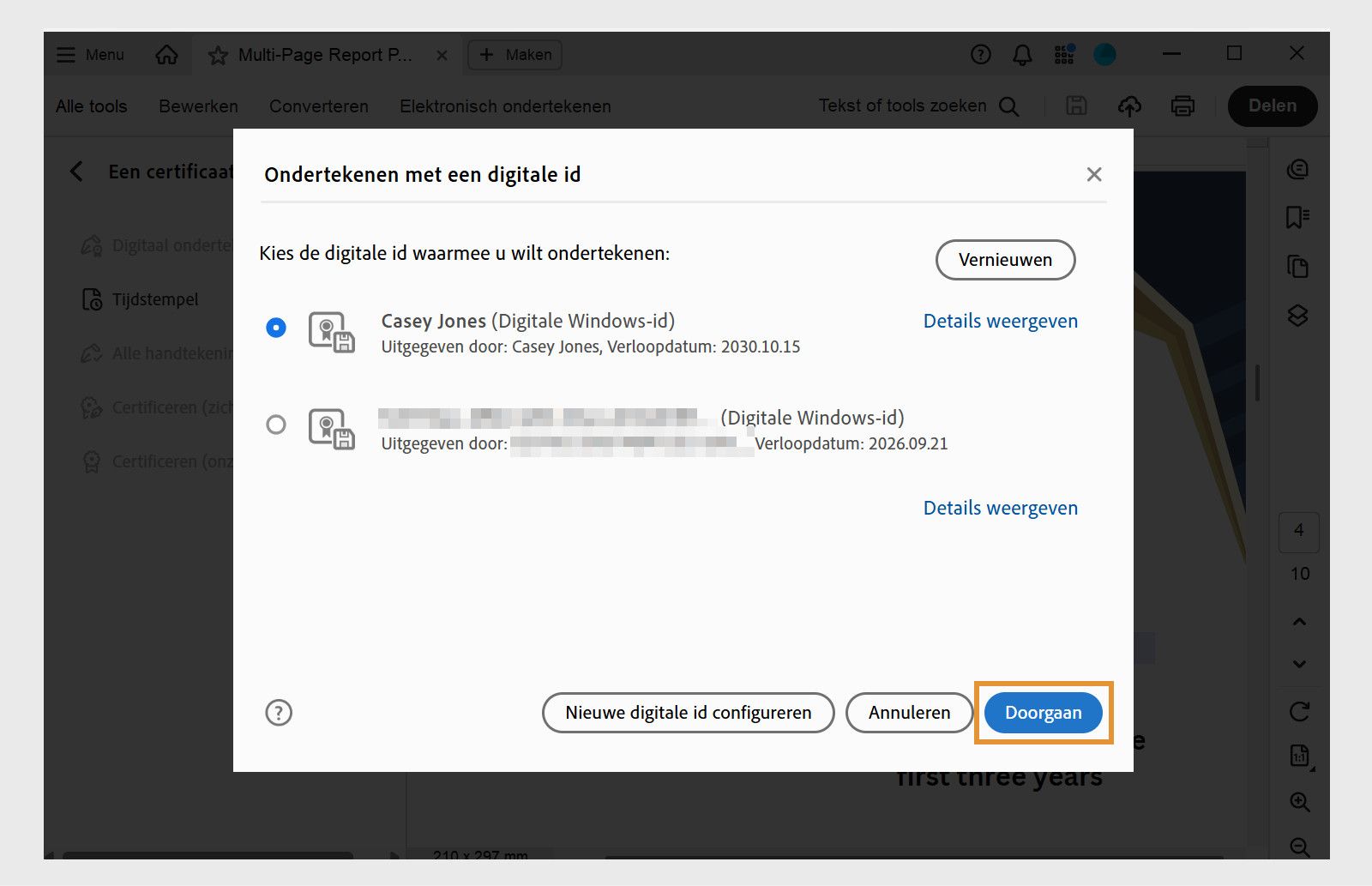 Een dialoogvenster in Acrobat met beschikbare digitale ID's voor ondertekening. Er is een digitale ID geselecteerd en de knop Doorgaan is gemarkeerd.