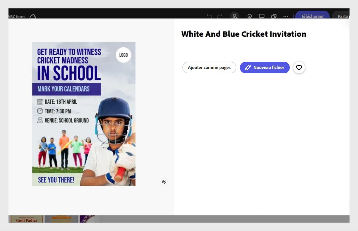 Une boîte de dialogue avec le modèle Express présente deux options : « Ajouter comme pages » et « Nouveau fichier ». La première option est sélectionnée. 