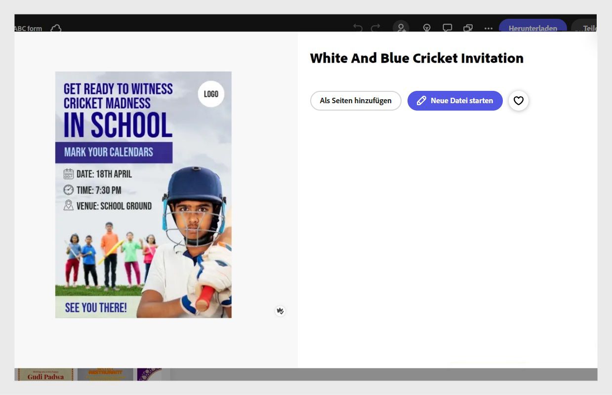 Ein Dialogfeld mit einer Express-Vorlage zeigt zwei Optionen an: „Als Seiten hinzufügen“ und „Neue Datei beginnen“. Die erste Option ist ausgewählt. 