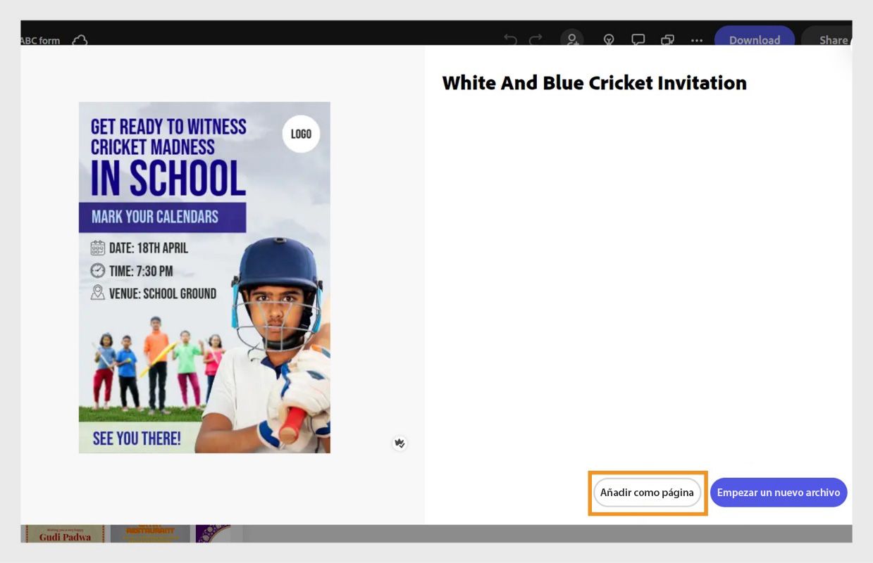 Un cuadro de diálogo con la plantilla de Express muestra dos opciones: “Añadir como páginas” e “Iniciar un nuevo archivo”. La primera opción está seleccionada. 