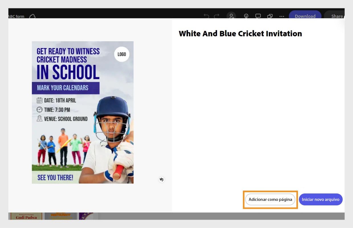 A caixa de diálogo do modelo do Express mostra duas opções: “Adicionar como páginas” e “Iniciar um novo arquivo”. A primeira opção está selecionada. 