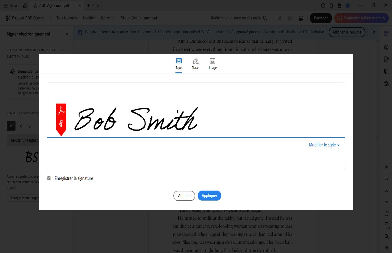 Une boîte de dialogue de signature numérique dans Acrobat indique le nom « Bob Smith ». Elle contient également des options permettant de saisir, de tracer ou de charger une image de signature.
