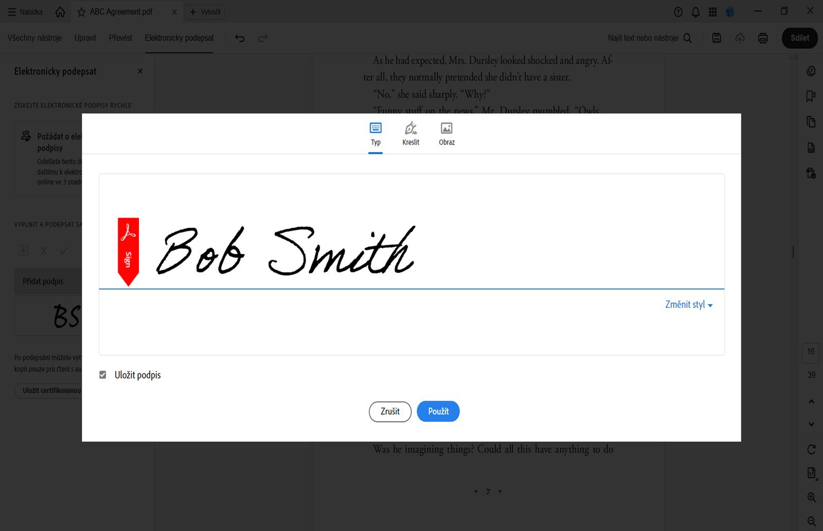 Dialogové okno digitálního podpisu v aplikaci Acrobat zobrazuje jméno Bob Smith s možnostmi napsat, nakreslit nebo nahrát obrázek podpisu.