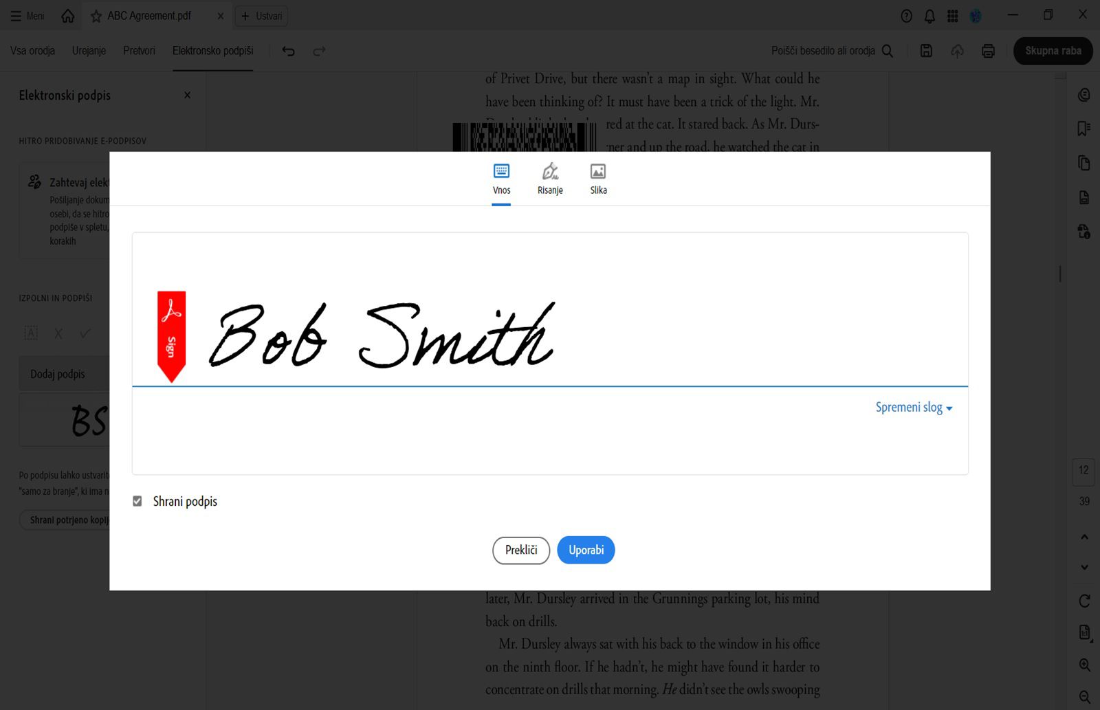 Pogovorno okno za digitalni podpis v programu Acrobat prikazuje ime »Bob Smith« z možnostmi za vnos, risanje ali nalaganje slike podpisa.