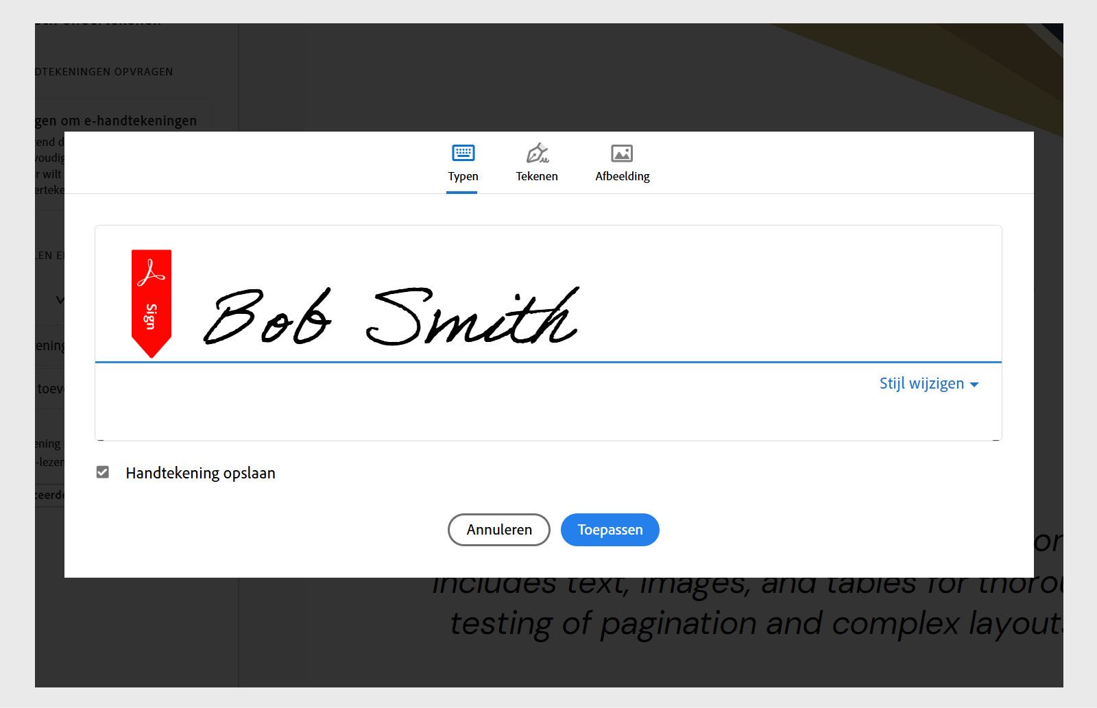 In een dialoogvenster voor een digitale handtekening in Acrobat wordt de naam Bob Smith weergegeven met opties om een handtekening te typen, te tekenen of te uploaden.