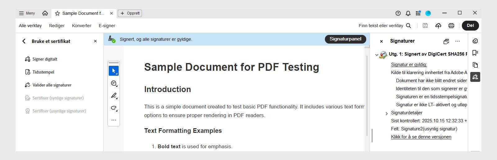 En digitalt signert kontrakt-pdf i Acrobat med en melding som bekrefter gyldige signaturer. Signaturpanelet viser detaljer om tidsstempelet, signatarens identitet og tillitsstatus.