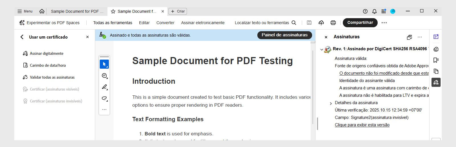Um contrato PDF assinado digitalmente no Acrobat com uma mensagem confirmando assinaturas válidas. O Painel de Assinatura mostra detalhes do carimbo de data e hora, identidade do signatário e status de confiança.