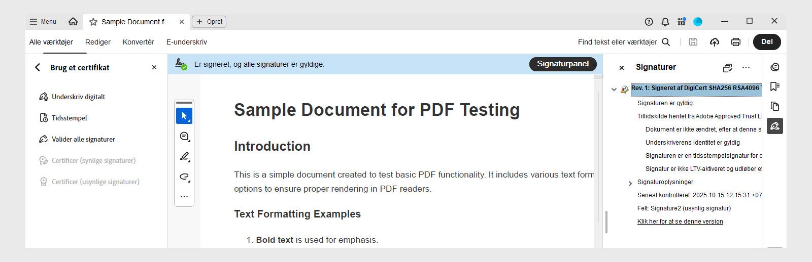 En digitalt underskrevet PDF-kontrakt i Acrobat med en meddelelse, der bekræfter gyldige signaturer. Signaturpanelet viser oplysninger om tidsstemplet, underskriverens identitet og tillidsstatus.