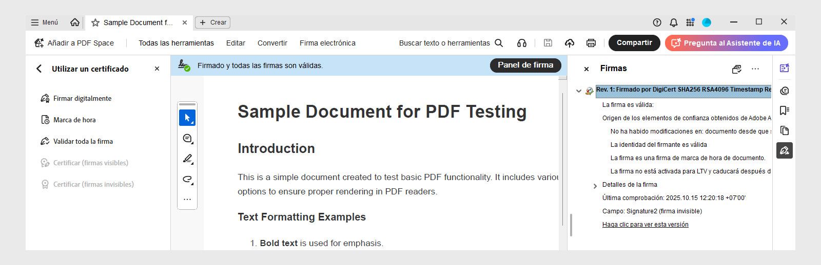 Un PDF de contrato firmado digitalmente en Acrobat con un mensaje que confirma firmas válidas. El Panel de firma muestra detalles de la marca de tiempo, la identidad del firmante y el estado de confianza.