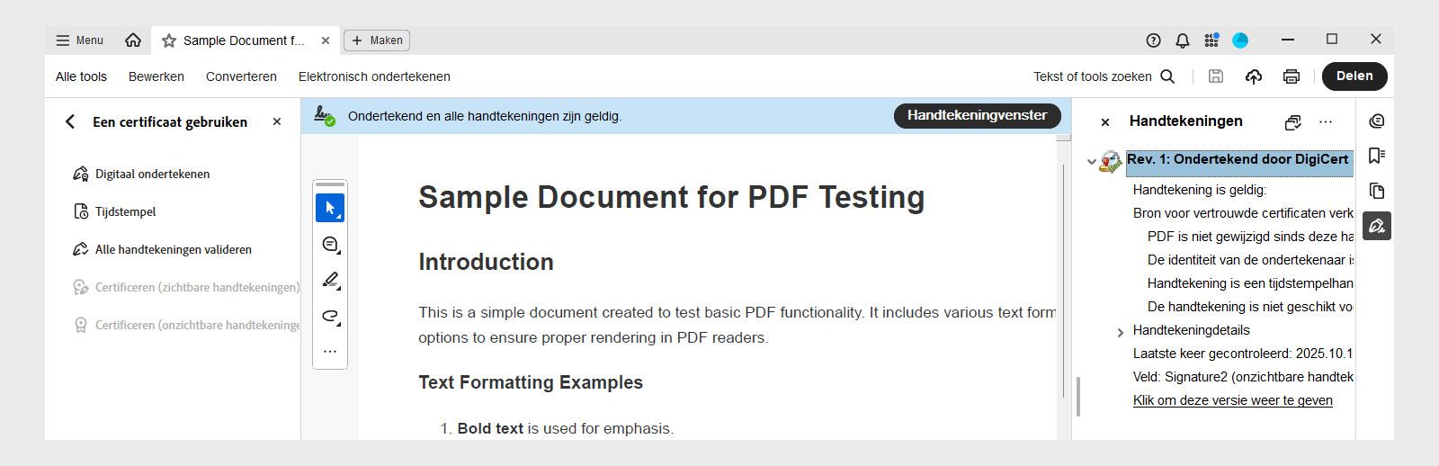 Een digitaal ondertekend PDF-contract in Acrobat met een bericht waarin wordt bevestigd dat de handtekeningen geldig zijn. In het handtekeningendeelvenster worden details weergegeven over het tijdstempel, de identiteit van de ondertekenaar en de vertrouwensstatus.