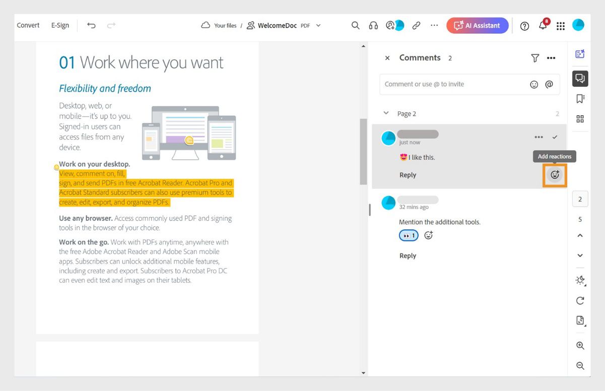 يتم فتح مستند في وضع المراجعة مع جزء تعليقات على اليمين. يتم تمييز الأداة &quot;إضافة التفاعلات&quot;.